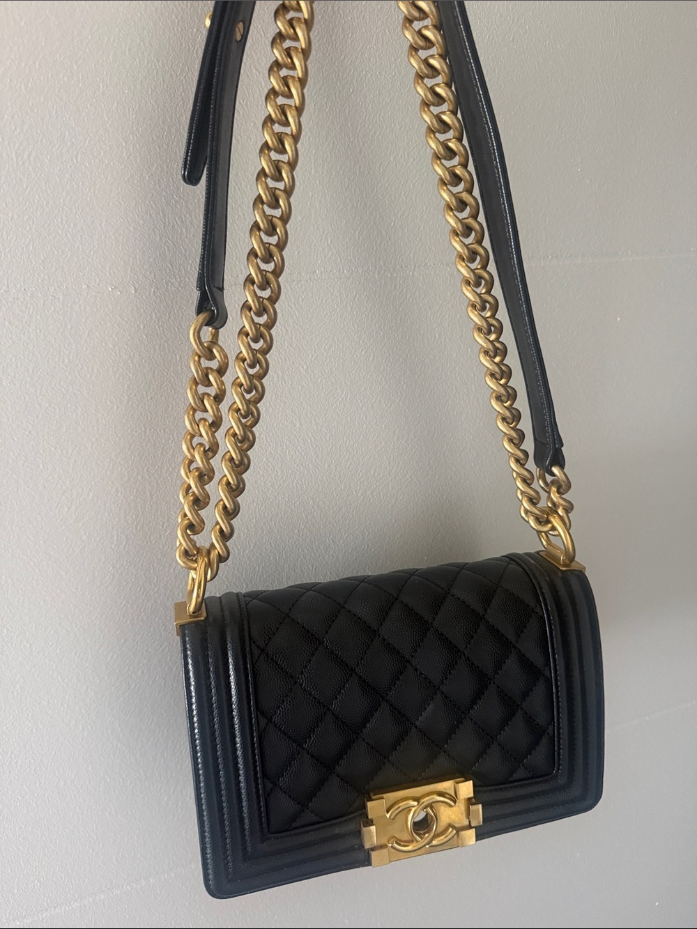 Black Quilted Chain Shoulder Bag with Gold Hardware